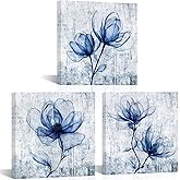VANSEEING 3 Pieces Floral Wall Art Canvas Prints Vintage Magnolia Flower Navy Blue Wall Decor Botanical Painting Plants Pictures Artwork Decoration for Bathroom Bedroom 12"x12"x3