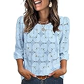 Sampeel Women Blouses Dressy Casual 3/4 Length Sleeve Tops Eyelet Lace Spring Summer Shirts Beach Vacation Clothes