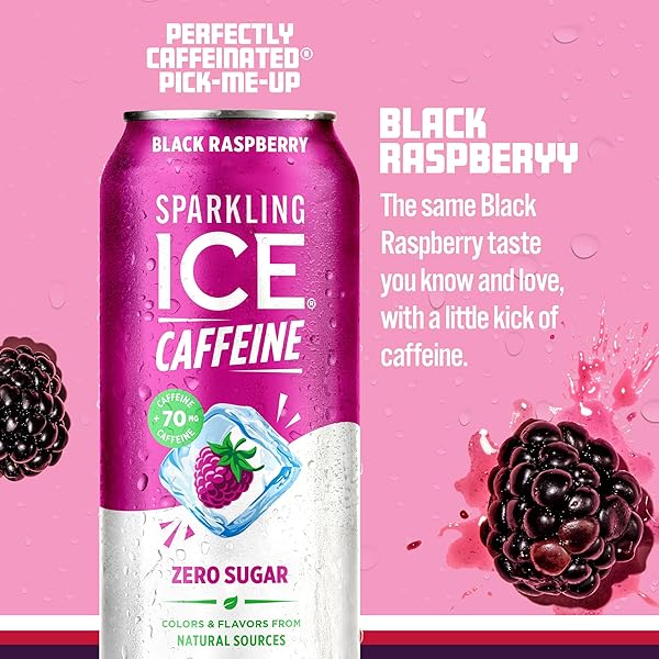 SPARKLING ICE CAFFEINE BLACK RASPBERRY SPARKLING WATER WITH CAFFEINE, ZERO SUGAR, WITH ANTIOXIDANTS AND VITAMINS,16 FL OZ CANS (PACK OF 12)