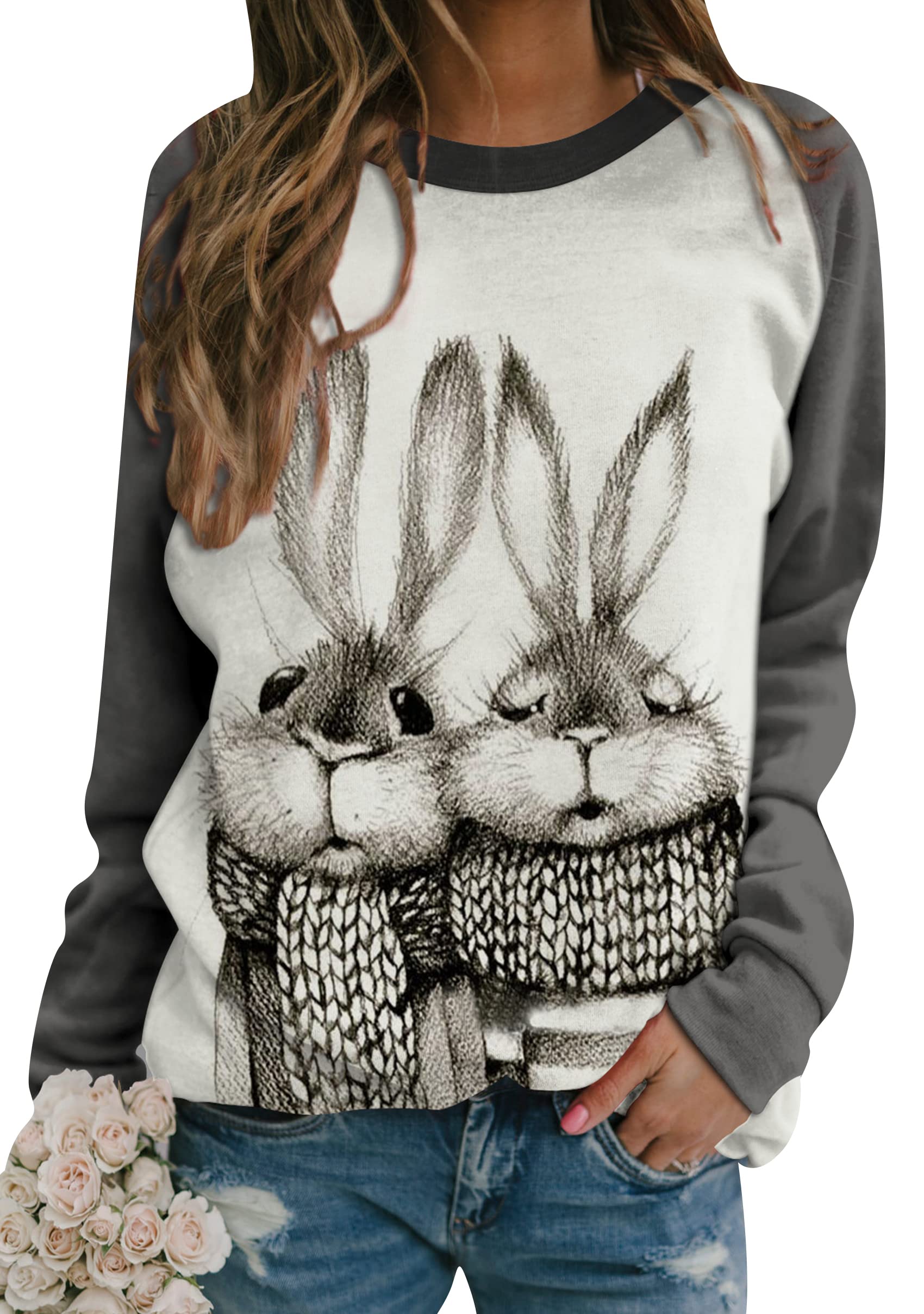 YMING Womens Easter Day Bunnies Printed Sweatshirt