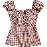 Milumia Girl's Puff Short Sleeve Plaid Shirt Y2k Sweetheart Neck Flared Hem Gingham Tops