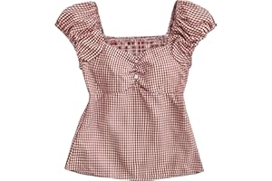 SOLY HUX Girl's Gingham Tops Y2K Cute Blouse Summer Sweetheart Neck Shirts Aesthetic Clothes