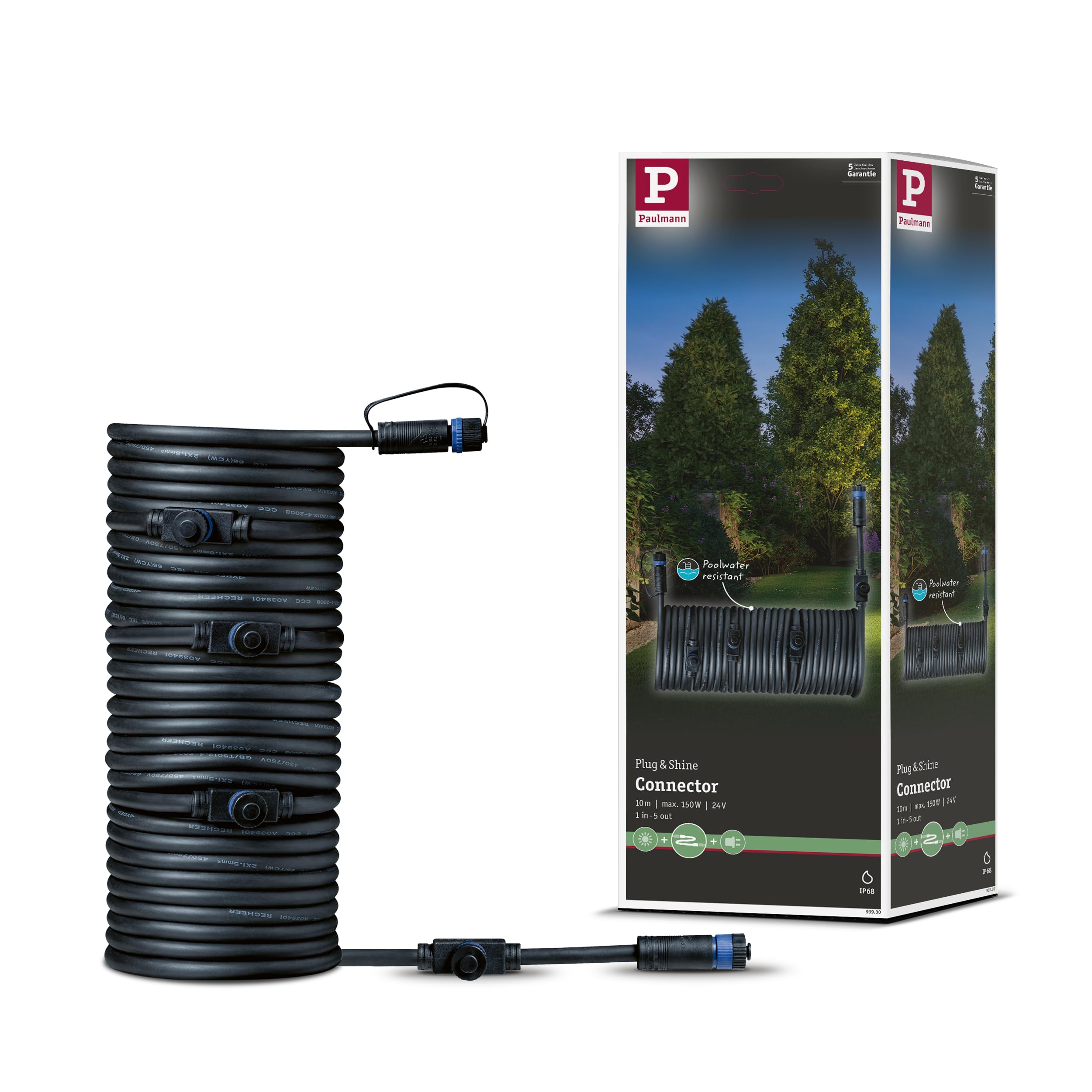 Paulmann 93930 Outdoor Plug & Shine Cable IP68 10m 1 in-5 Out 2x1,5mm² Black Plastic, 1000 x 1.5 x 1.5 cm