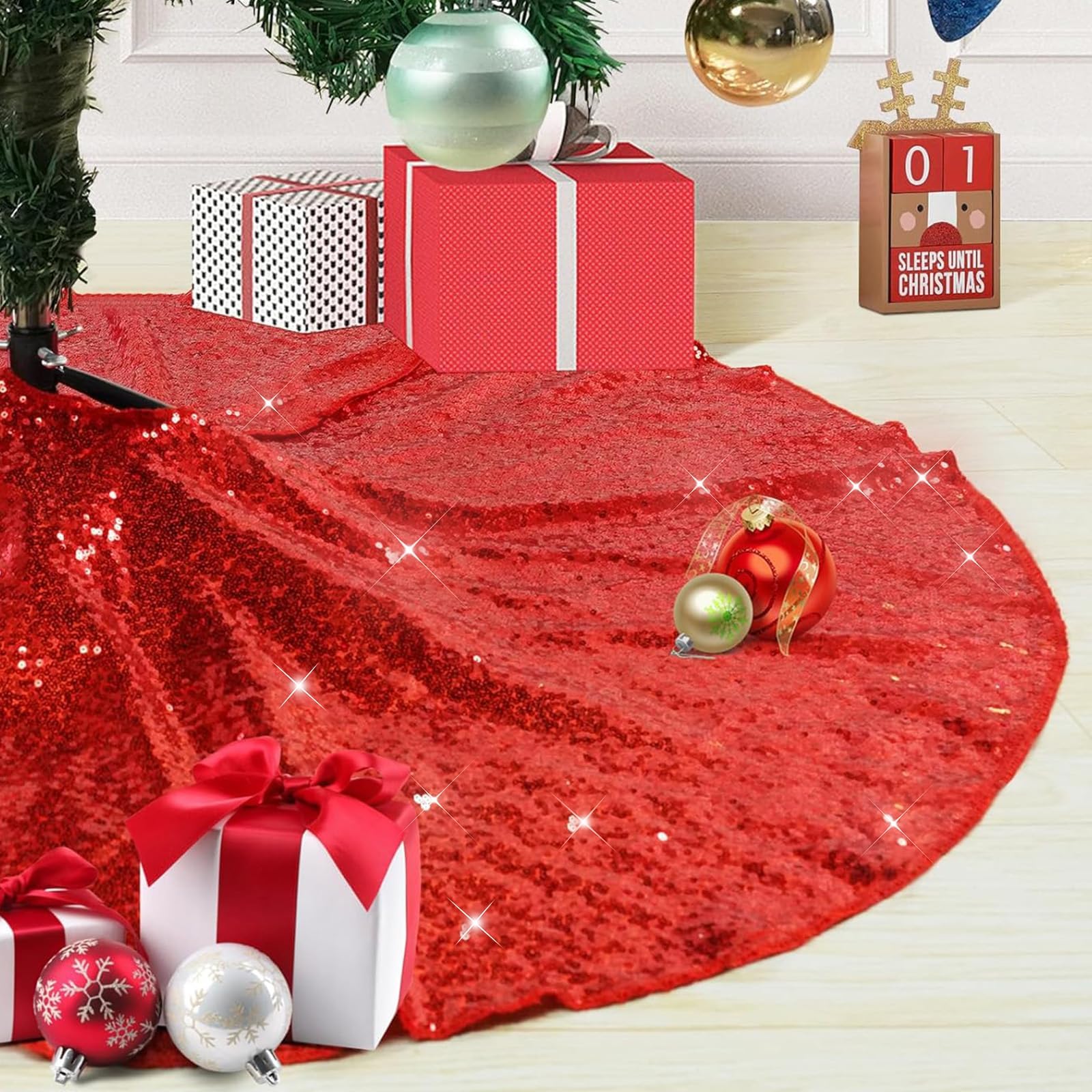 Eternal Beauty 127cm Round Sequin Tree Skirt Xmas Tree Ornament for Christmas Holiday Decoration(50 inches,Red)