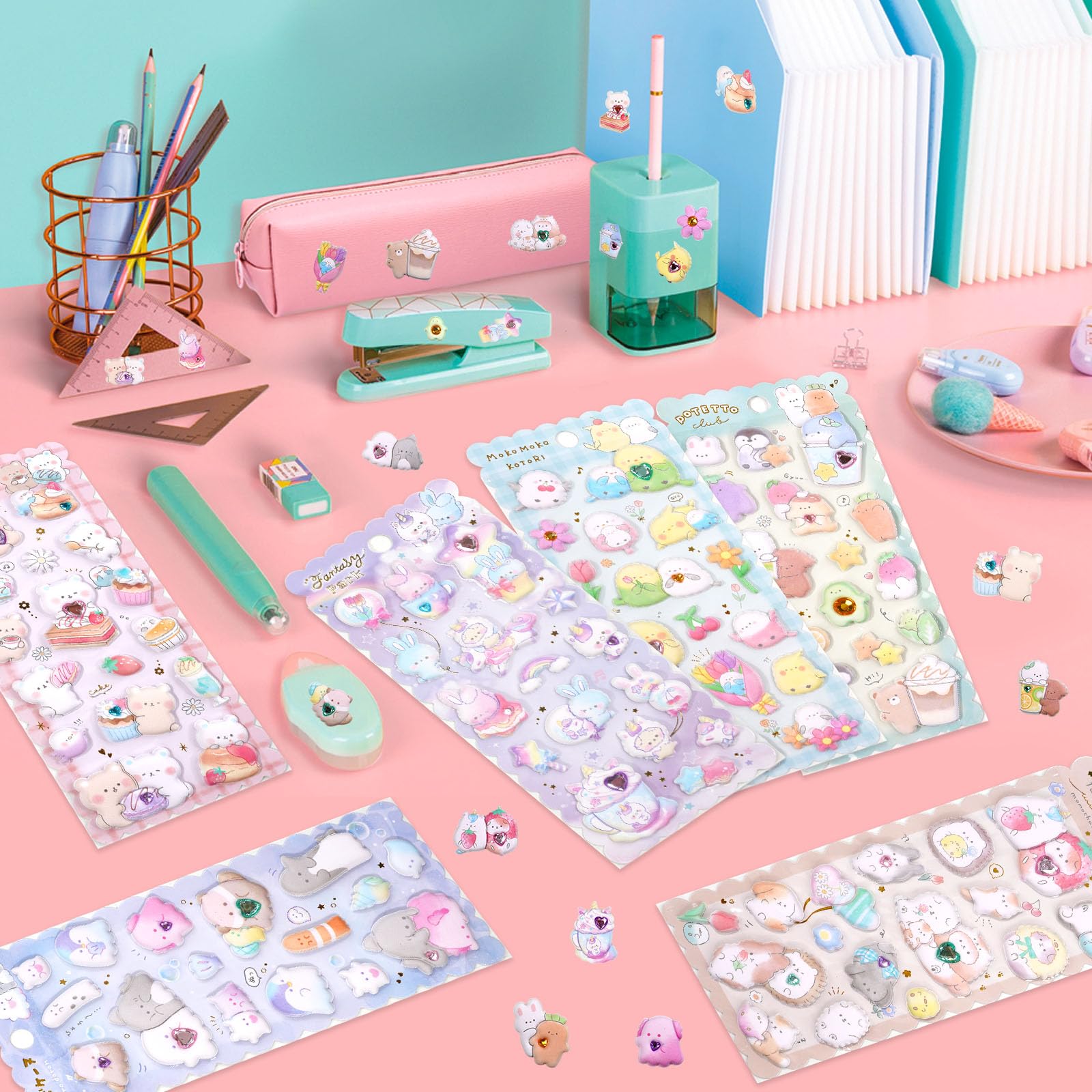 Puffy Stickers with Sparkly Gem Embellishment for Kids Girl -Cute,Kawaii,Soft,Thick,Large Japanese Puff Sticker for Adults –3D Squishies Puffer Sticker for Phone Case,Notebook,6 Sheets.