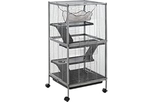 PawHut Metal Small Animal Cage, 4-Tiers Rolling Big Ferret Cage with Hammock, Removable Tray, for Chinchilla, Sugar Glider, Gray