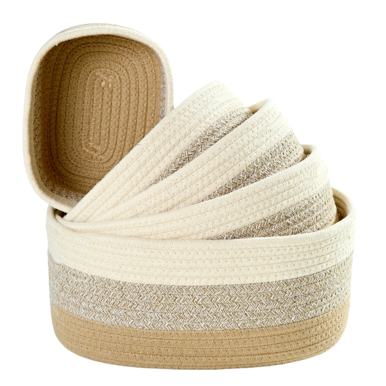 Sagittar Set of 5 Storage Baskets, Cotton Rope Weave, Stackable Storage Baskets for Shelves Dresser Kids Room, Honey-Coloured