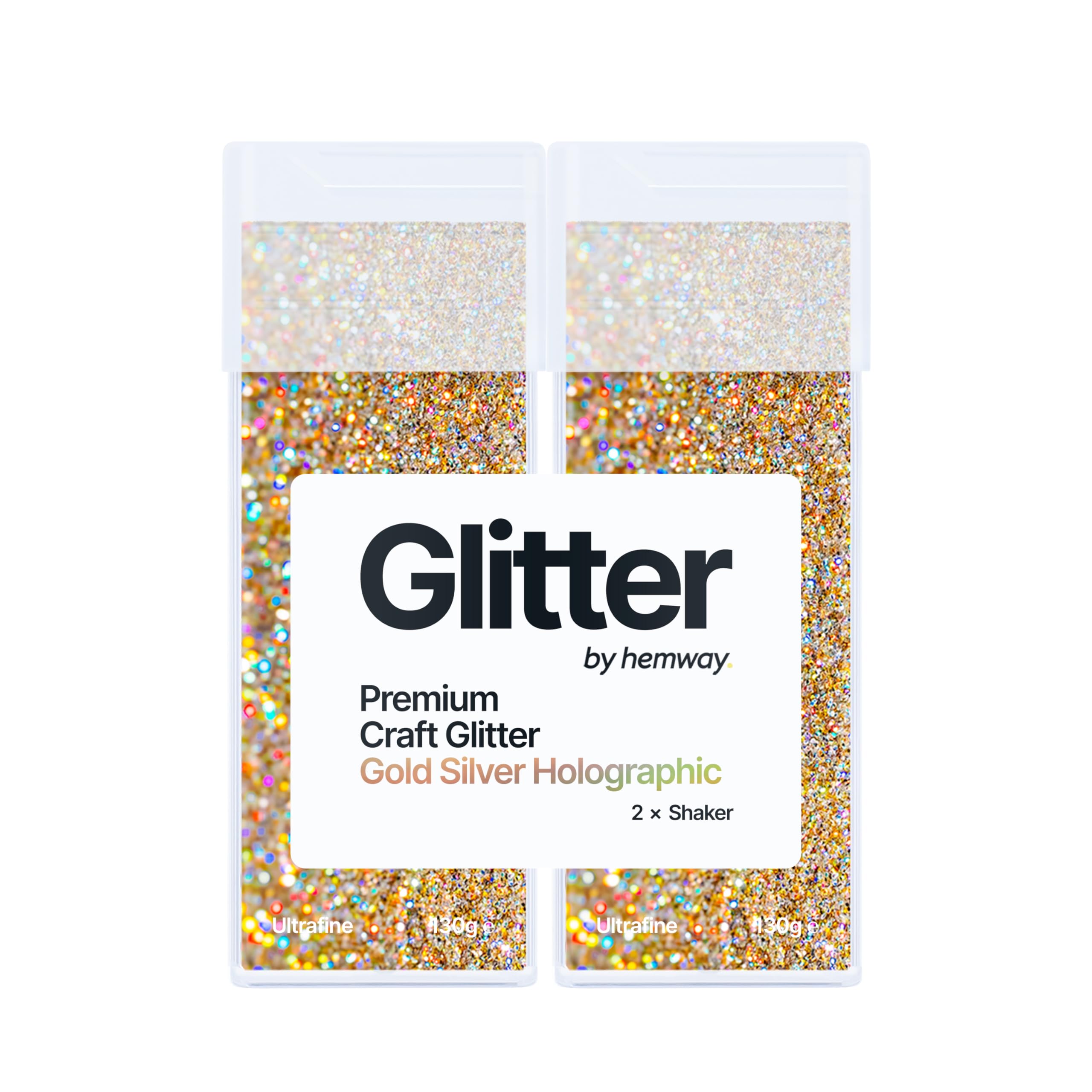 Hemway Glitter Shaker Gold Silver Holographic 130g x2 Pack Ultrafine, Craft Glitter Shakers for Resin & Epoxy Crafts, Christmas Art Supplies, Nail, Body, Face, Eye, Festival, Crafting, Slime, Sparkle