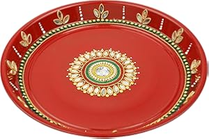 ADITRI CREATION Handcrafted Pooja Thali Plate Platter Engagement Plate Stainless Steel Puja Thali with Essential Pooja Articles for Indian Traditional Festival Aarti Puja Item Ganesha Decoration(Size-10)(Red)