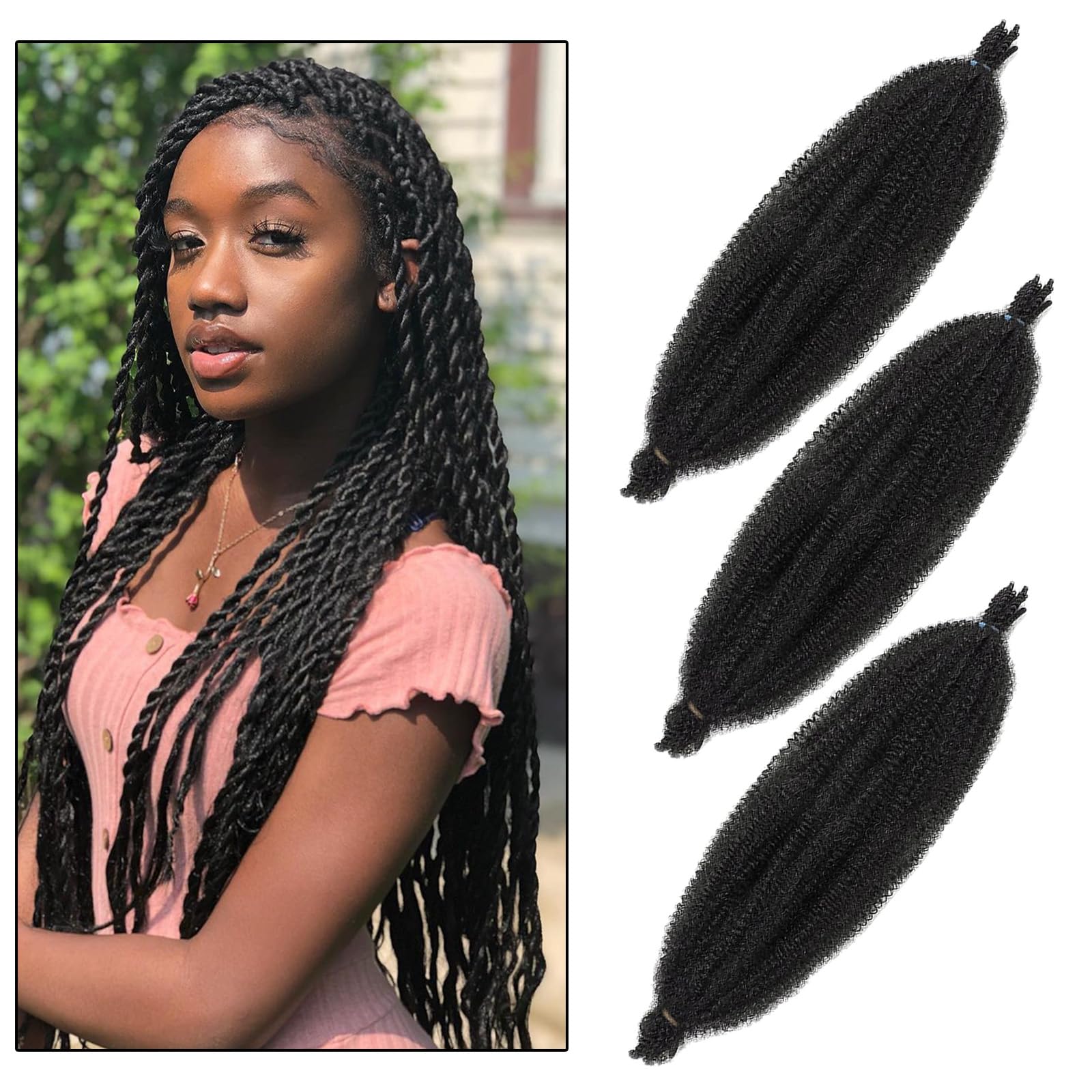 3 Packs 24 Inch Soft Twist Hair for Afro Marley Locs, Black Pre-Separated Spring Twist Hair for Locs Crochet Braiding Hair for Curly Marley Braiding Hair Extensions for Women
