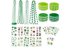 Whaline 94Pcs St. Patrick's Day Shamrock Accessories Party Favor Set Include 12 Clover Rubber Wristbands bracelet 12 Necklace and 70 Pcs Temporary Tattoo Sticker for St. Patrick Irish Supplies Decor