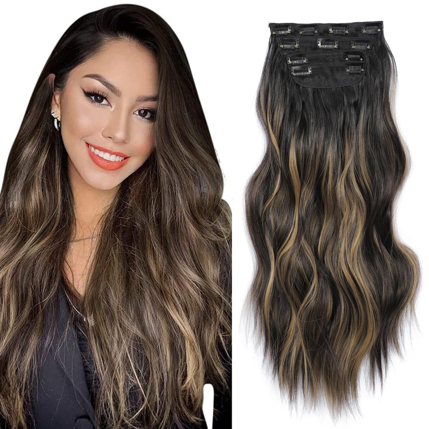 4Pcs Hair Extensions Clip in Natural Black to Caramel Blonde Hair extensions 20" Synthetic Hairpieces for Woman Ombre hair Extension Curly Wavy Hairpieces For Full Head โ image 1