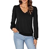 Vrtige Women's Casual Banded Bottom V Neck Puff Long Sleeve Tunic Top Blouse Shirt