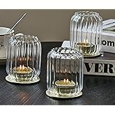 Vixdonos Glass Hurricane Tealight Candle Holder with Metal Candle Stand,Set of 3 Modern Windproof Votive Candle Holders for Wedding Party Table Centerpiece Outdoor,Clear