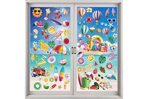 ZHENYI Summer Window Clings for Glass Windows – 100 PCS Removable & Reusable Seasonal Window Stickers, Vibrant Beach/Tropical Designs for Home, Office, Party Decor (Sun, Palm, Flamingo, Watermelon)
