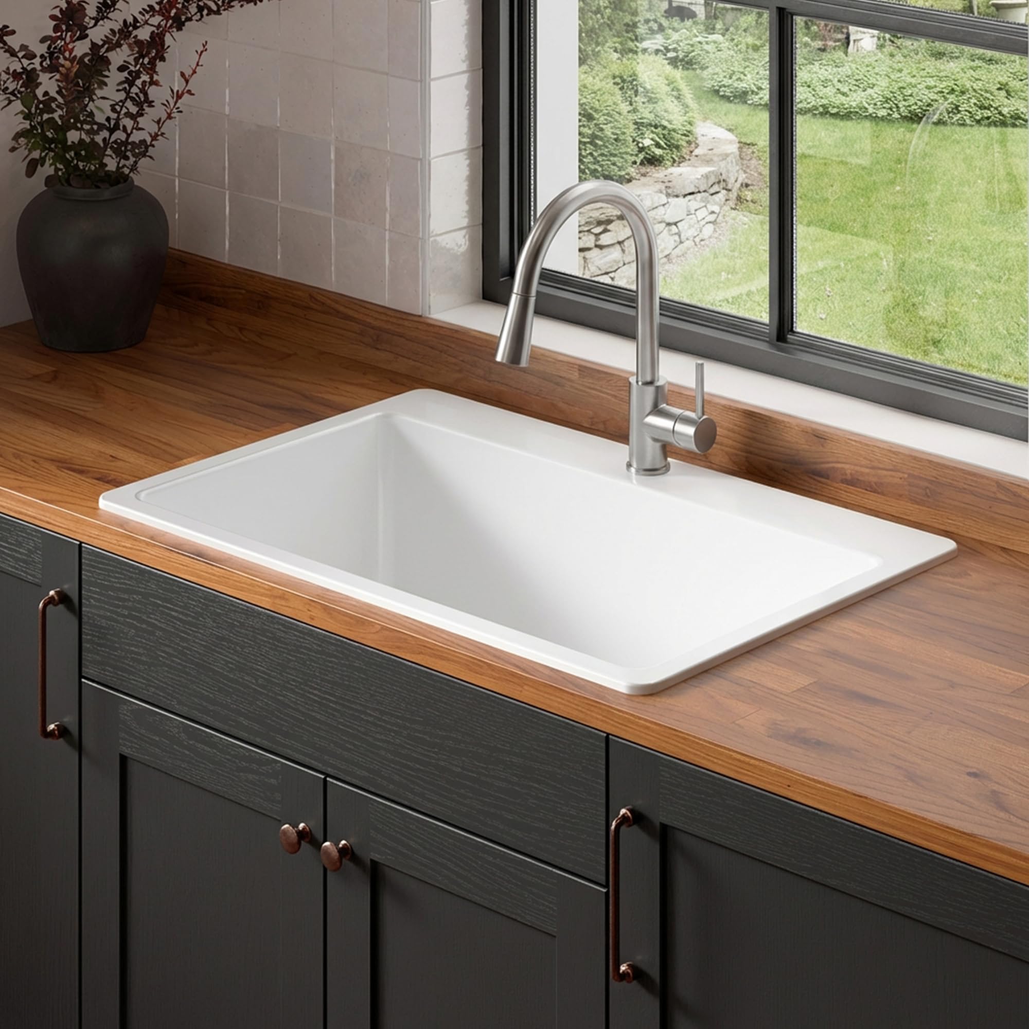Photo 1 of Sinkology Jackson 33 Inch White Fireclay Drop-In Kitchen Sink, Single Bowl, 1 Faucet Hole, Fits 36 Inch Cabinet, Surefire Finish