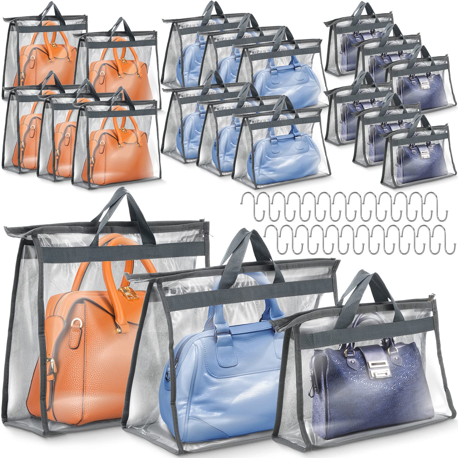 Photo 1 of Chumia 20 Pack Dust Bags for Handbags Clear Handbag Storage Organizer, 3 Sizes Purse Storage Organizer for Closets Dust Cover Purse Protector Bag with Zipper and Handles with 25 Pcs S Hooks(Grey)