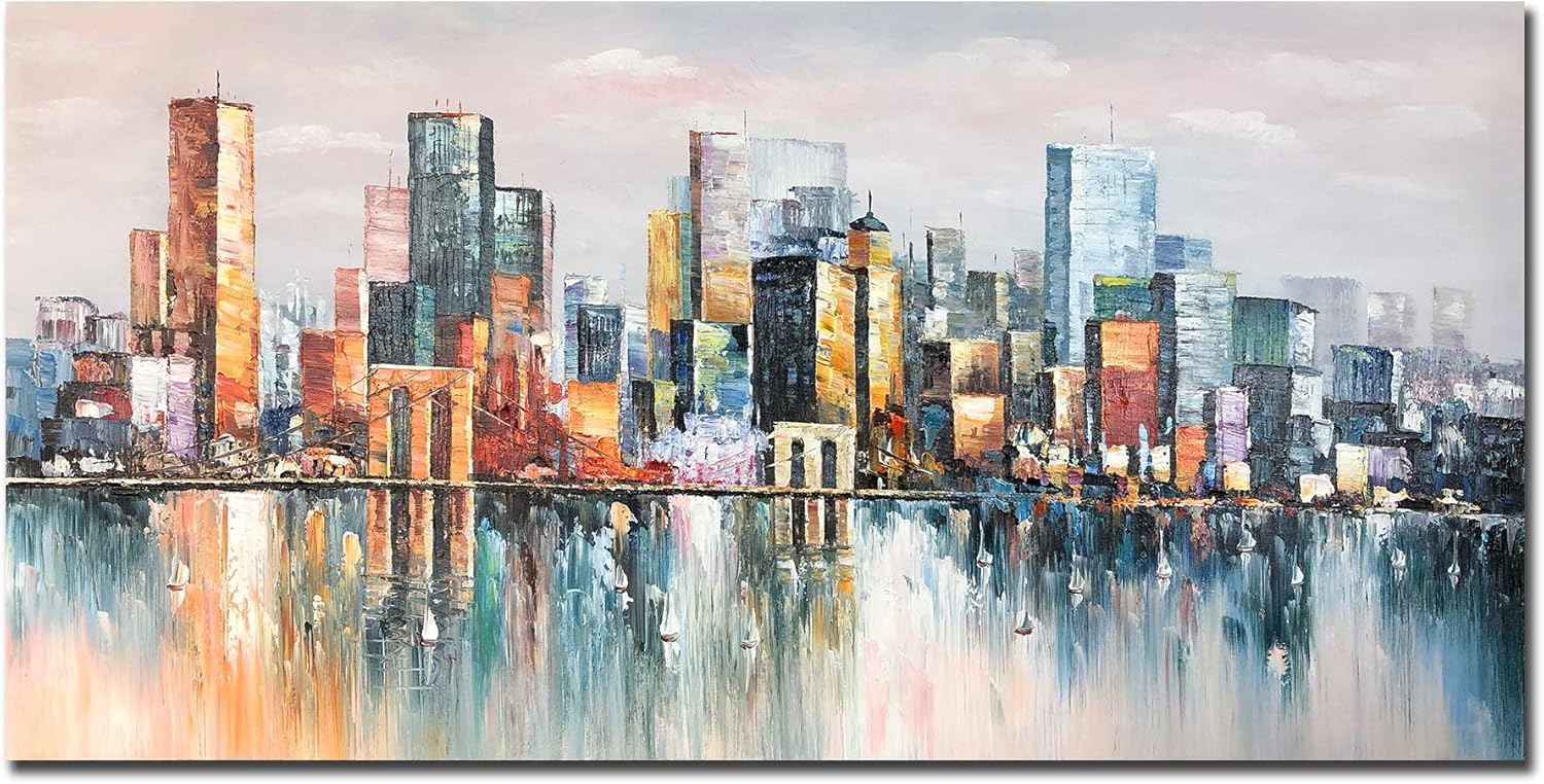 Paintings - Bouvy Art,24x48Inch 100% Hand Painted City Skyline Framed Oil Paintings on Canvas Abstract Urban Landscape Artwork Modern Cityscape Wall Art Oil Hand Painting for Dinning Room Office