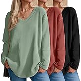 Velvelhall 3 Pack Women's Oversized Waffle Knit Shirts, V Neck Long Sleeve Top Fall Casual Sweatshirt for Women(Black,Watermelon Red,Gray Green,X-Large)