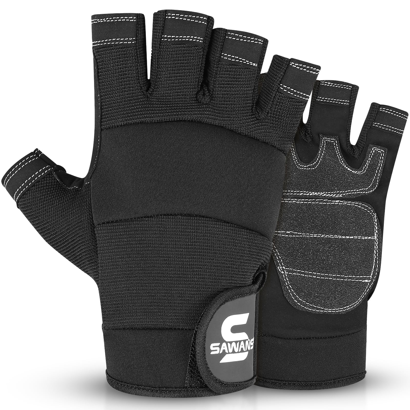 SAWANS Fingerless Working Gloves for Men Performance Heavy Duty Half-Finger Work Gloves Mechanic Anti Slip Safety Gloves for Work Warehouse Training Dexterity Carpenters Rigger Gloves (Black, XL)