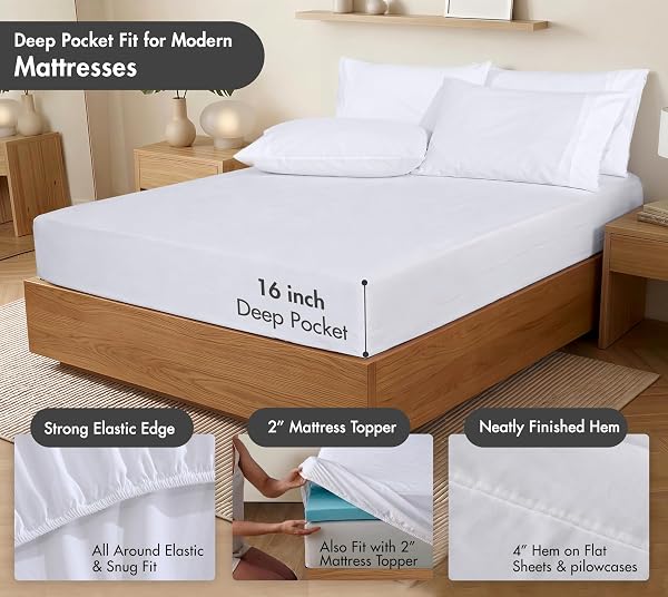 RUVANTI 100% COTTON PERCALE SHEETS, QUEEN SIZE, 6 PIECE SET, BRIGHT WHITE