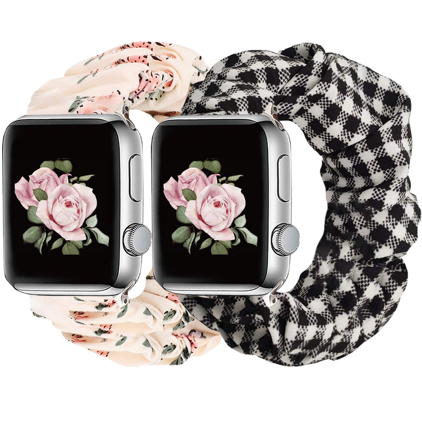 2Pack Scrunchie Elastic Band Compatible with Apple Watch Strap 38mm 42mm 40mm 44mm 41mm 45mm, Pattern Printed Fabric Solo Loop Wristband iWatch Series SE 7 6 5 4 3 2 1, 42mm/44mm/45mm, White/grid