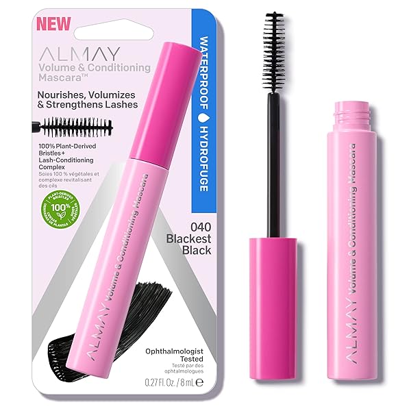ALMAY VOLUME & CONDITIONING MASCARA, HYDRATING ALL DAY WEAR, 40 BLACKEST BLACK WATERPROOF, 0.27 FL OZ