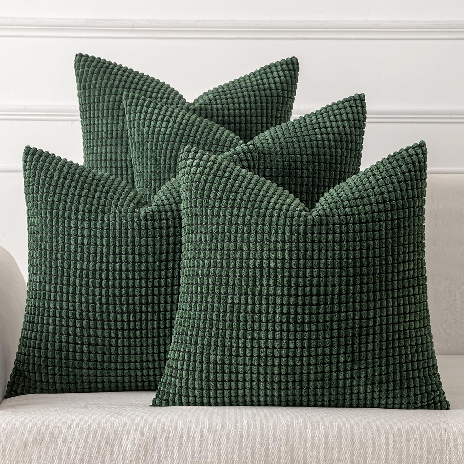 Photo 1 of ***Two missing***MIULEE Boho Farmhouse Throw Pillow Covers 18x18 Inch Set of 4 Soft Neutral Covers Christmas Dark Green Corduroy Couch Pillowcases Home Decor for Sofa Living Room Bed