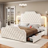 Itaar Queen Bed Frame with 53" Tall Headboard and 4 Storage Drawers, PU Leather Upholstered Platform Bed Frame, Built in Charging Station &amp; Led, 2 Nightstands with Mirror, White