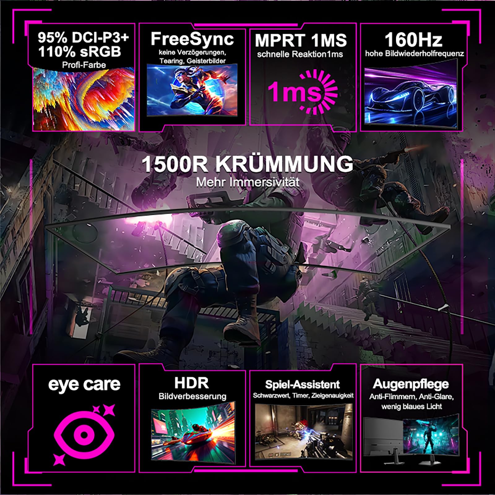 Minifire 27 Zoll Curved Gaming Monitor - 160Hz, FHD(1920x1080), VA 1500R, 1ms GtG, sRGB 110%, HDR, Adapive Sync, Blaulichtfilter, VESA 100 * 100, HDMI 2.0/DP 1.2 mit HDMI-Kabel (MFG27C1L) 2