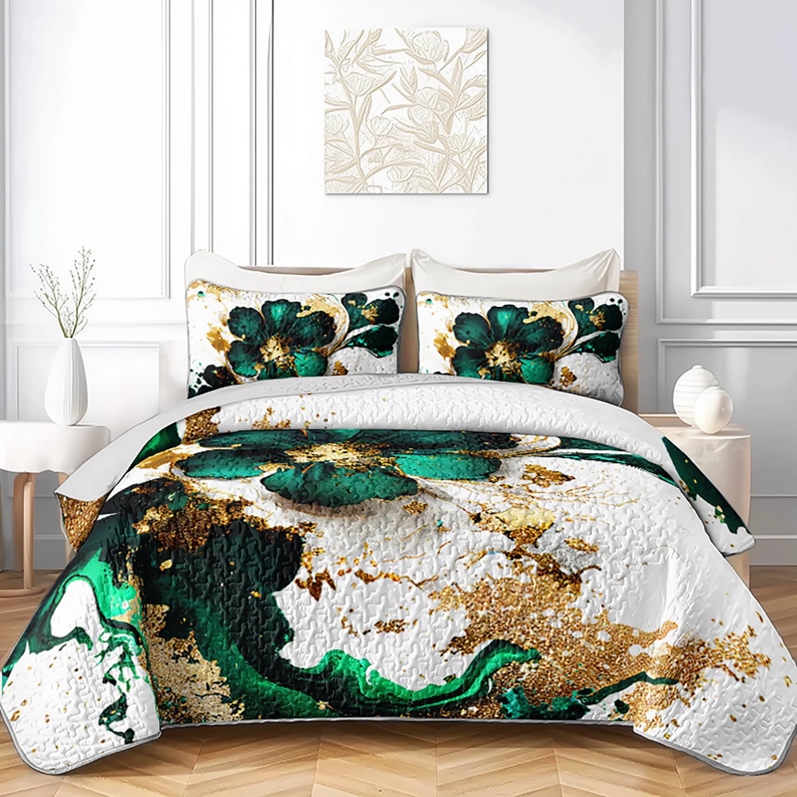 Photo 1 of AILONEN Marble Flower Quilt- Coverlet Set Twin Size with 2 Pillowcases, Gold Green Floral Quilted Bedspreads Soft Lightweight,3 Pieces Botanical Plant Luxury Bedding Set