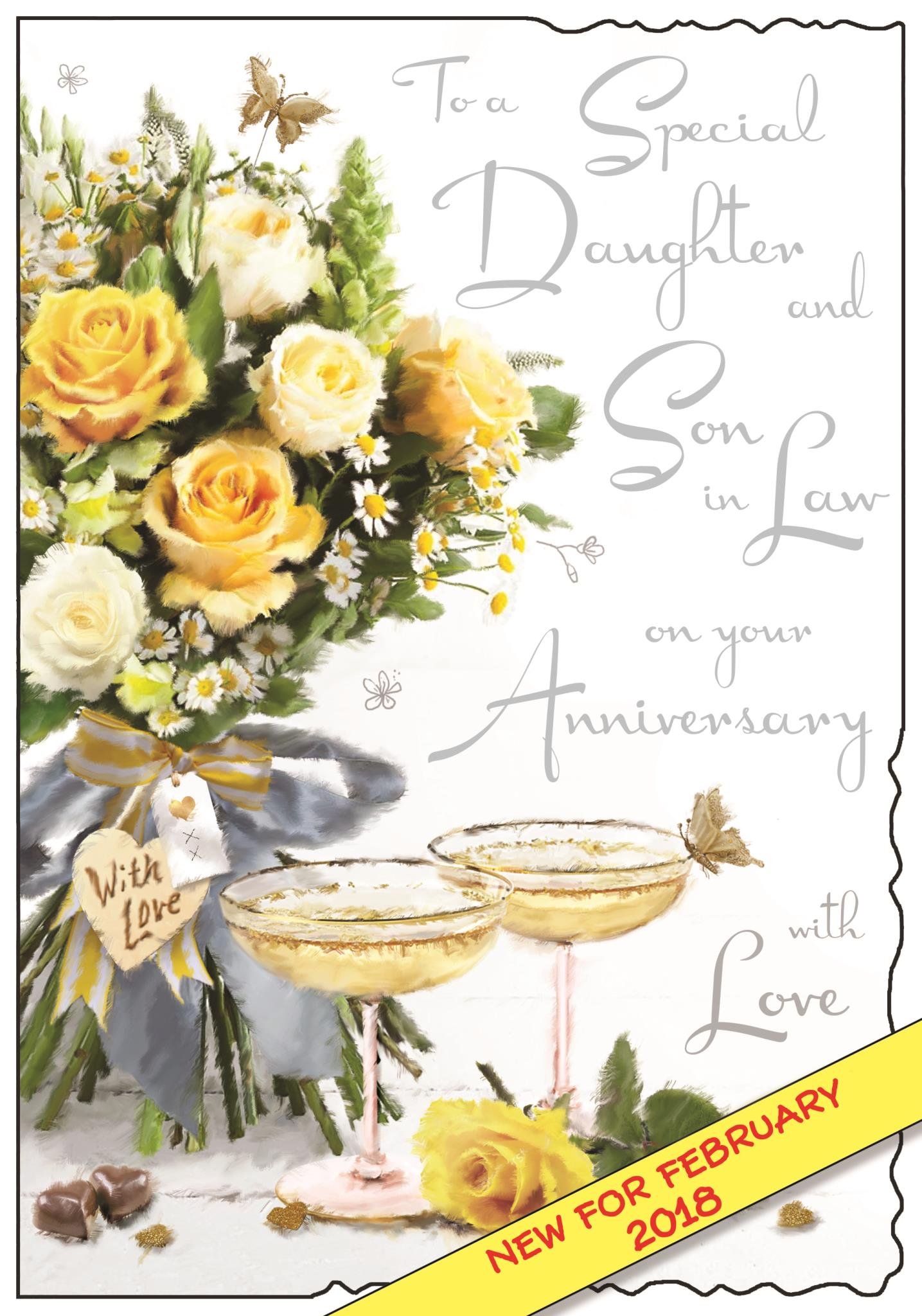 Illustrated Daughter & Son-In-Law Anniversary Card - (JJ9240) - Daughter & Son-In-Law Anniversary With Love - From The Velvet Range - Embossed With A Silver Foil & Flitter Finish