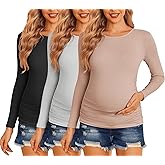 Ekouaer Maternity Shirts 3 Packs Women Long Sleeve Pregnancy Tee Tops Tunic Blouse Ribbed Side Ruched Mama Clothes S-XXL