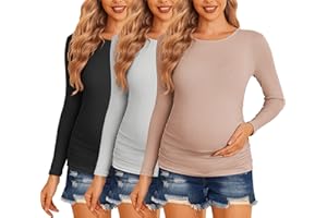 Ekouaer Maternity Shirts 3 Packs Women Long Sleeve Pregnancy Tee Tops Tunic Blouse Ribbed Side Ruched Mama Clothes S-XXL