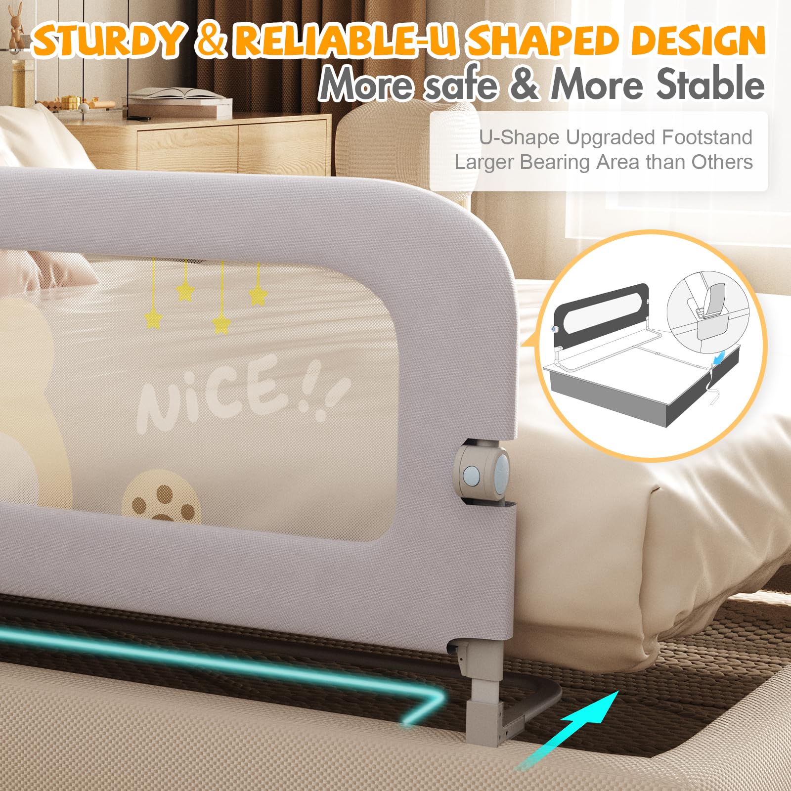 Baby Bed Rail Guard for Toddlers - 32'' U Shaped Extra Large Reinforced Swing Down Foldable Toddler Bed Rails for Kids - Safety Baby Bed Rail Guard Great Fit for Kids Twin,Full,Queen,King Size Bed