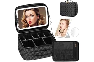 Omobolanle Makeup Bag with Mirror Led Light Detachable Portable Makeup Organizer Travel Cosmetic Train Case with Dividers and 10x Magnifying Mirror Cosmetic Toiletry Bag Black/Grey