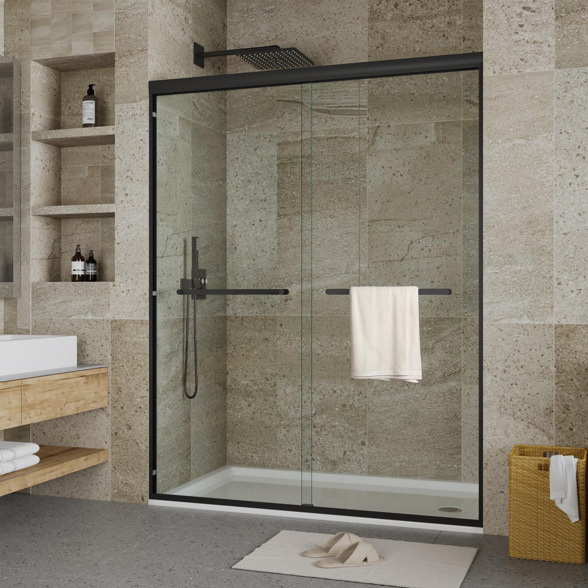 Photo 1 of *HEAVY* Shower Doors Glass Sliding 60 Inch – 56–60 Inch W x 72 Inch H Double Sliding Tempered Glass Shower Enclosure, 8mm Easy-Clean Coating, Smooth Rollers, Walk-in Shower Upgrade, Modern Bathroom