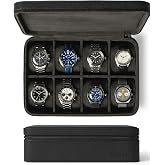 TAWBURY Fraser 8 Slot Watch Case in Top-Grain Leather - Midnight Black | Portable watch box for men &amp; women with rigid shell, metal zipper and soft protective lining for home storage and travel