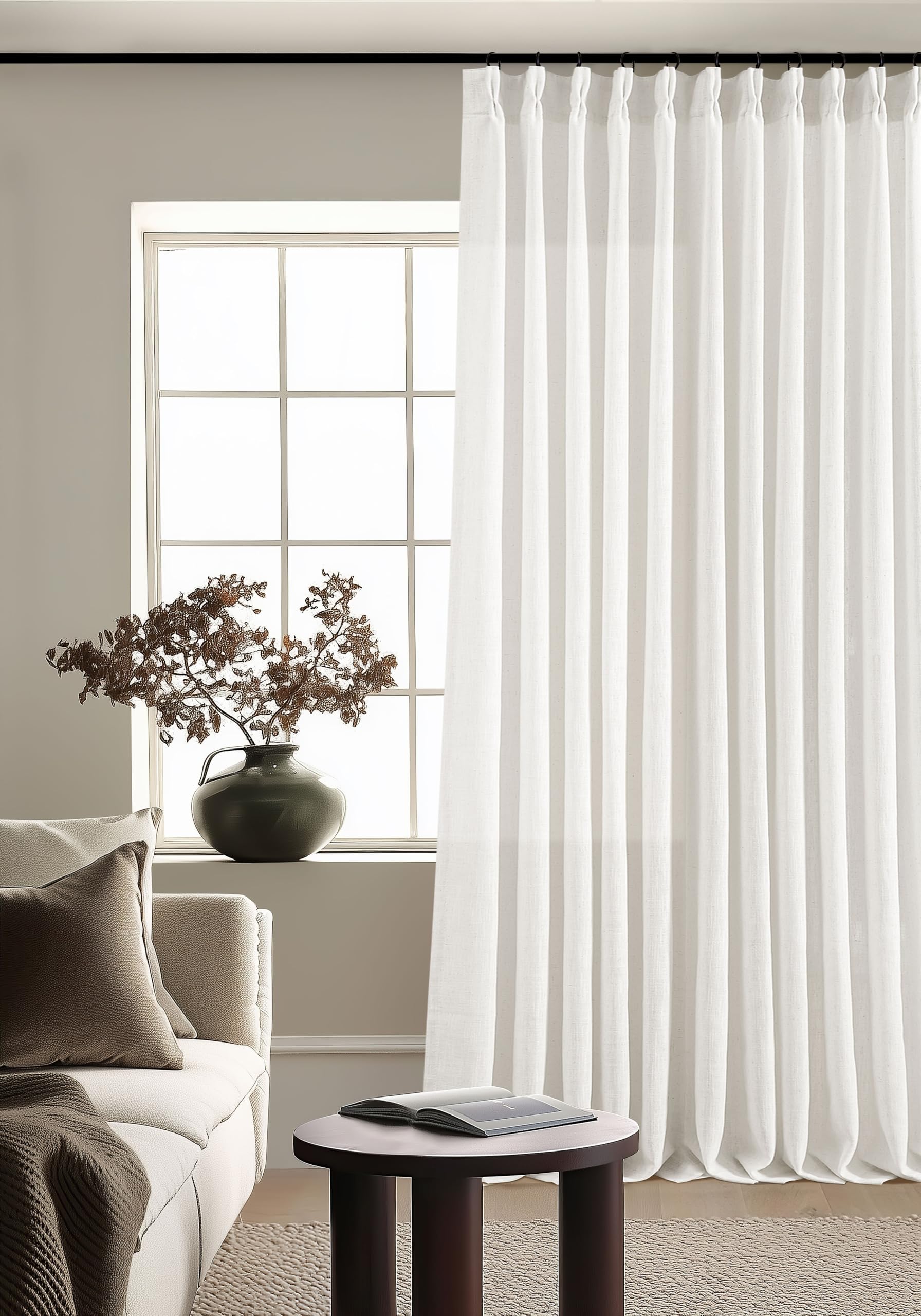 Photo 1 of Extra Wide Pinch Pleat Curtains 120 Inches Long for Patio Sliding Glass Door White Linen 70 Inch Wide Curtain Memory Trained Pleated Drapes with Hooks Rings Semi Sheer 70x120 Curtain for Large Window