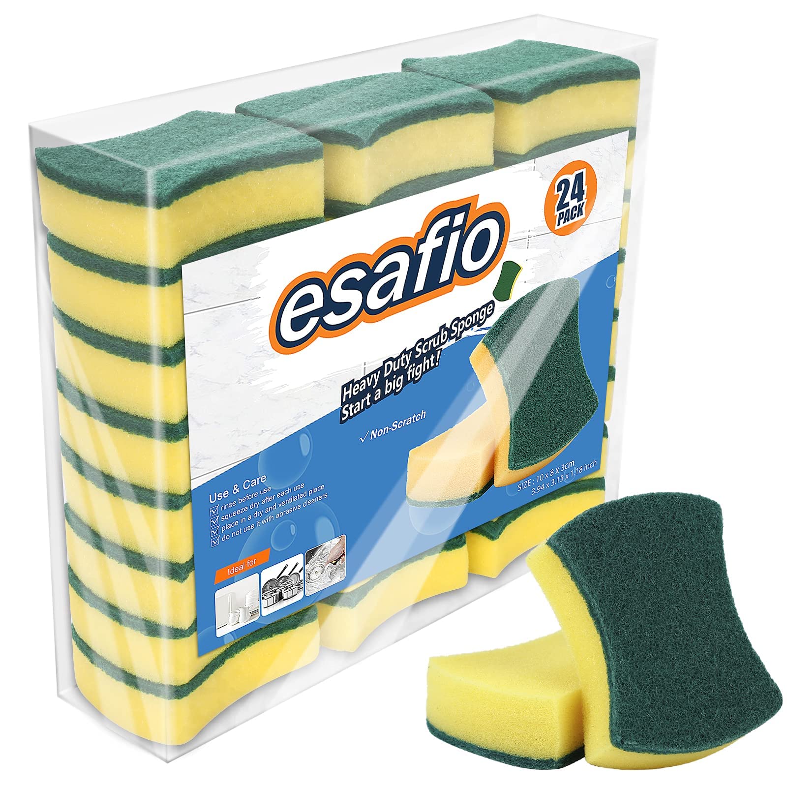 esafio 24 Pcs Heavy Duty Scrub Kitchen Sponges, Non-Scratch Cleaning Sponges,Multi-Purpose Scourer Pads for Pan Garage Bathroom,Yellow