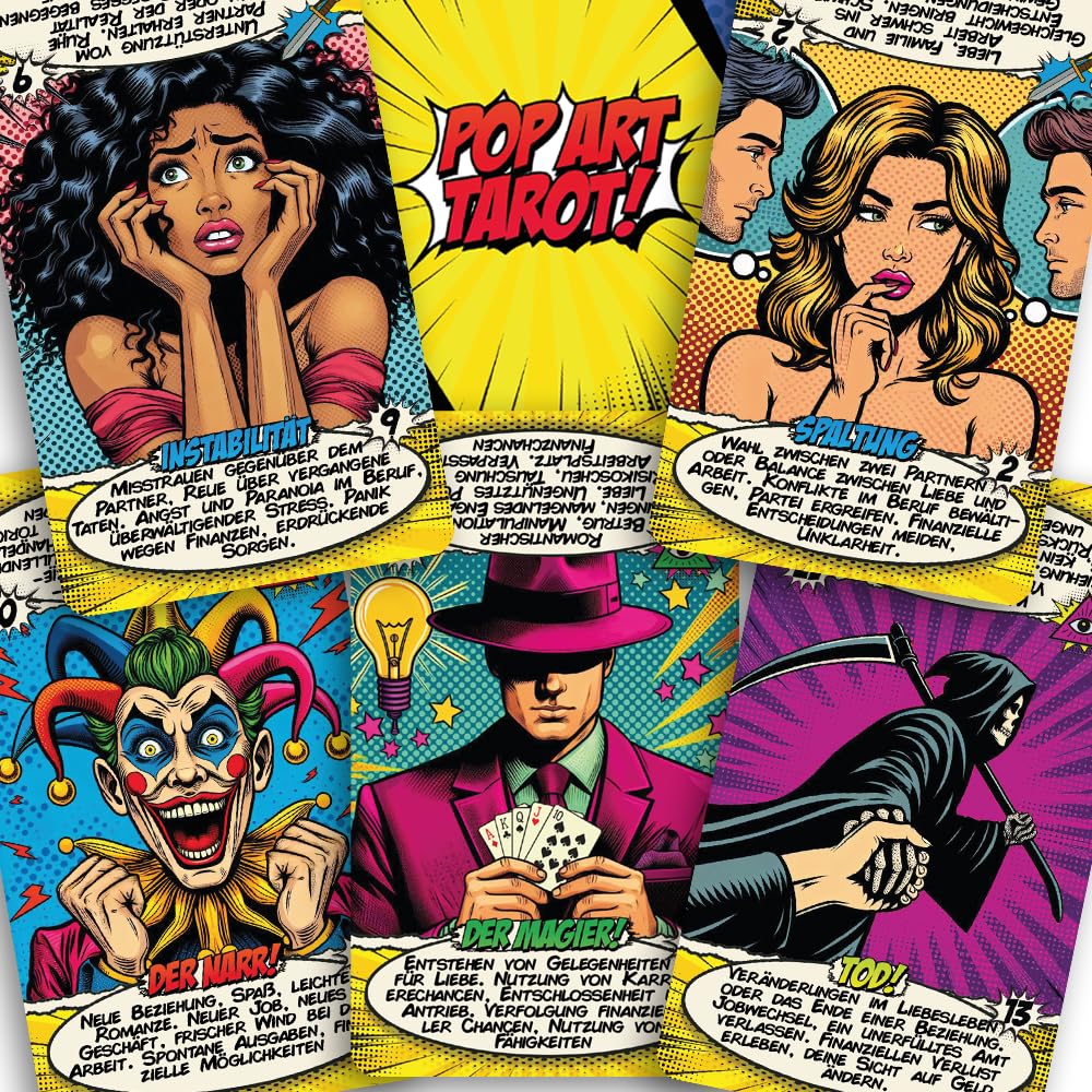 Pop Art Tarot Deck – 78 Tarot Cards with Meanings on Them – Magnetic Gift Box – 400 GSM Thick Cardstock – Easy Shuffle – Beginner Guidebook Included – Modern Fortune Telling Cards (German)