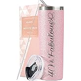 Onebttl 40th Birthday Gifts for Women, Female, Her - 40 and Fabulous - 20oz/590ml Stainless Steel Insulated Glitter Tumbler with Straw, Lid, Message Card - (Rose Gold)