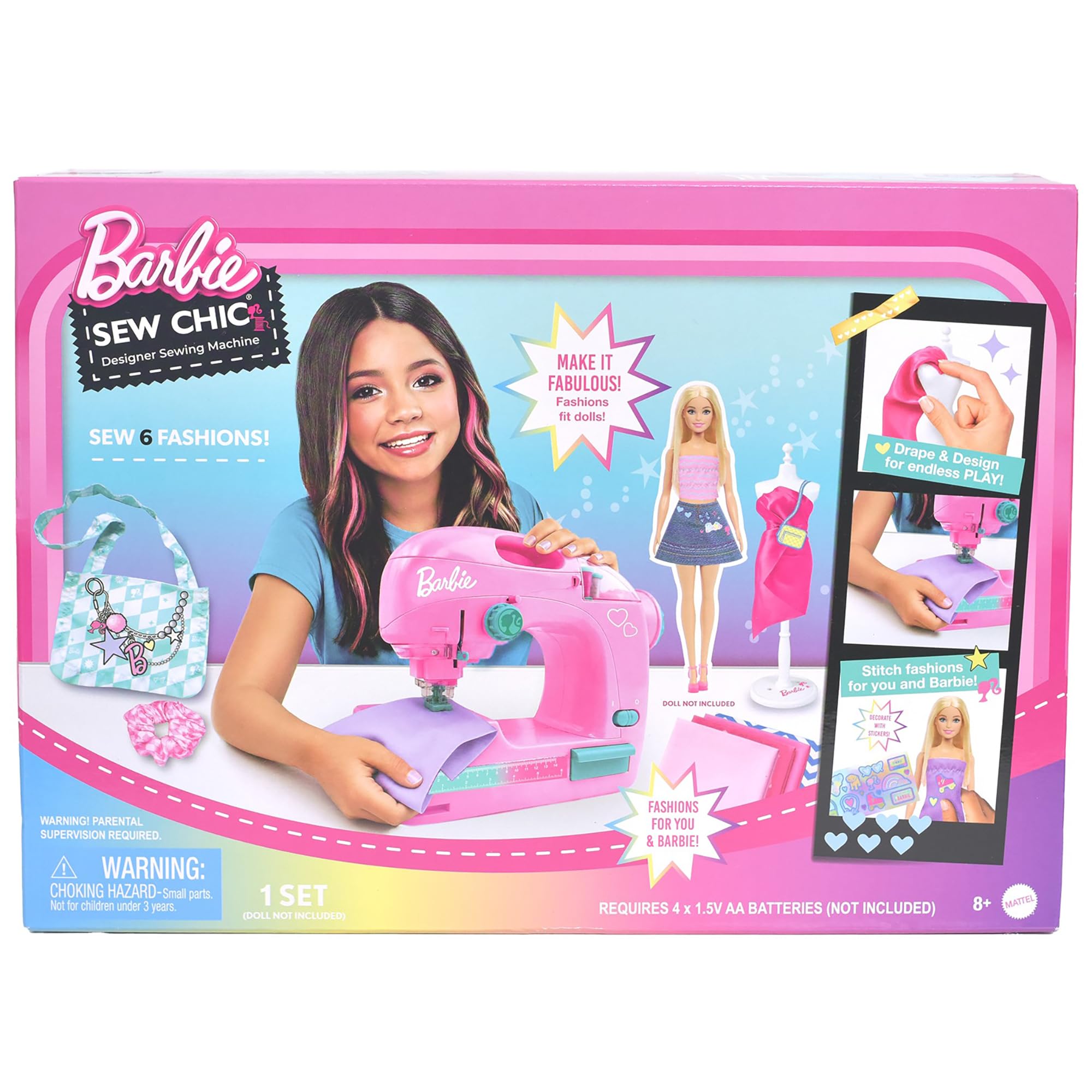 Barbie Sew Chic Designer Sewing Machine - Portable Starter Craft Kit | Mini battery operated stitch tool with foot pedal and
