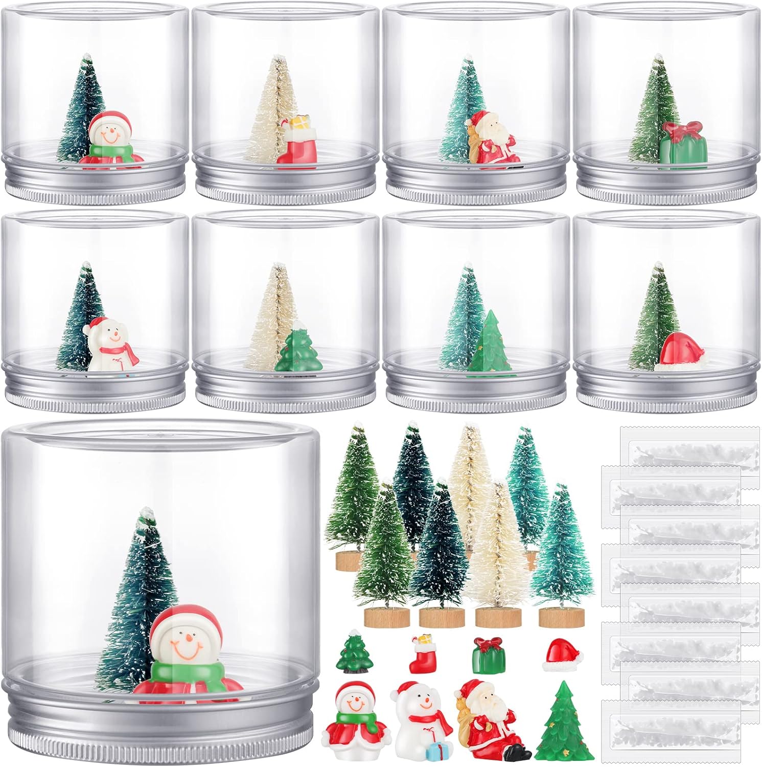 Snow Globes - 8 Set Clear Plastic Snow Globes Kit Includes Plastic Jars Containers, Artificial Mini Christmas Trees, Snowman Miniature Ornaments, White Pebble for DIY Snow Globe Figurines Christmas Decorations