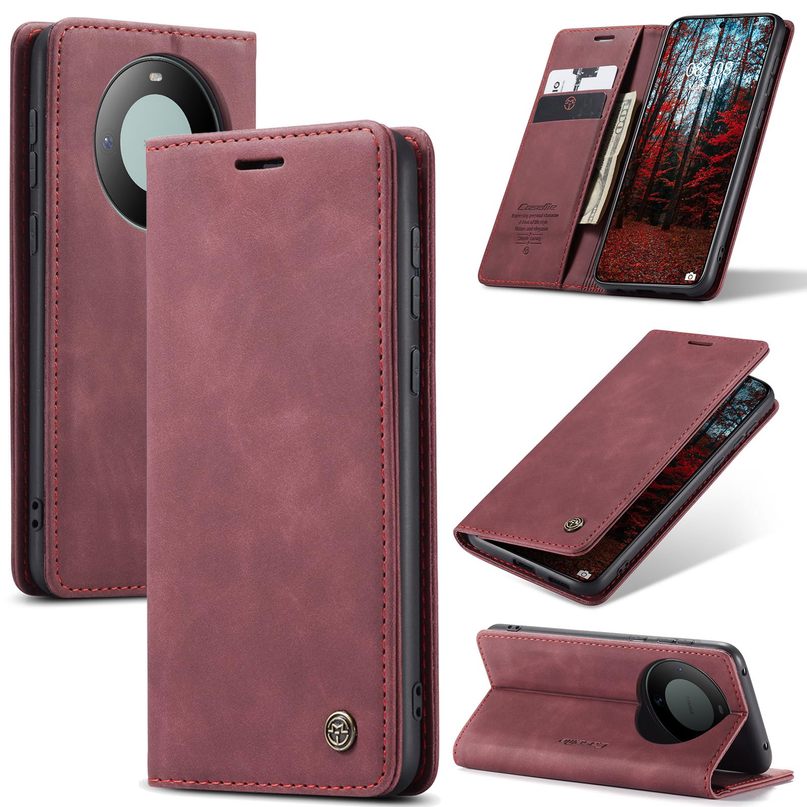 UFinetech for HUAWEI Mate60 Case, Leather Wallet Case for HUAWEI Mate 60, Slim Shockproof, Magnetic Closure Flip, Kickstand, Card Holder, Camera Protector, Anti-scratch, Red 2023 TPU Cover