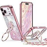 XYZ for iPhone 17 Pro Case with Stand, Phone Case with Double Ring Kickstand, Women Girls Bling Luxury Glitter Clear Phone Case Cover Heart for Apple 17 Pro, Rose Gold
