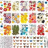 630 Pcs Dried Pressed Flowers with Butterfly Stickers for Crafts, Real Pressed Wildflowers Dry Leaves Bulk with Tweezer for Resin Jewelry Molds Candle Soap Making Scrapbook Bookmark Nails Decor