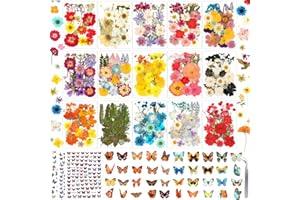 EVATAGE 630 Pcs Dried Pressed Flowers with Butterfly Stickers for Crafts, Real Pressed Wildflowers Dry Leaves Bulk with Tweezer for Resin Jewelry Molds Candle Soap Making Scrapbook Bookmark Nails Decor