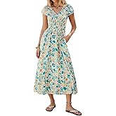 Kate Kasin Women Summer Floral Maxi Dresses 2026, V Neck Smocked Boho Sundress, Flowy Long Beach Vacation Dress with Pockets
