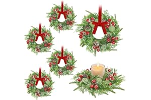 PHONCOO 6 Pcs Mini Christmas Wreaths for Kitchen Cabinet, 7.87" Small Christmas Wreath with Ribbon Bows, Red Berry Norfolk Pine Candle Ring Holder for Table Centerpiece Window Chair Wall Decors